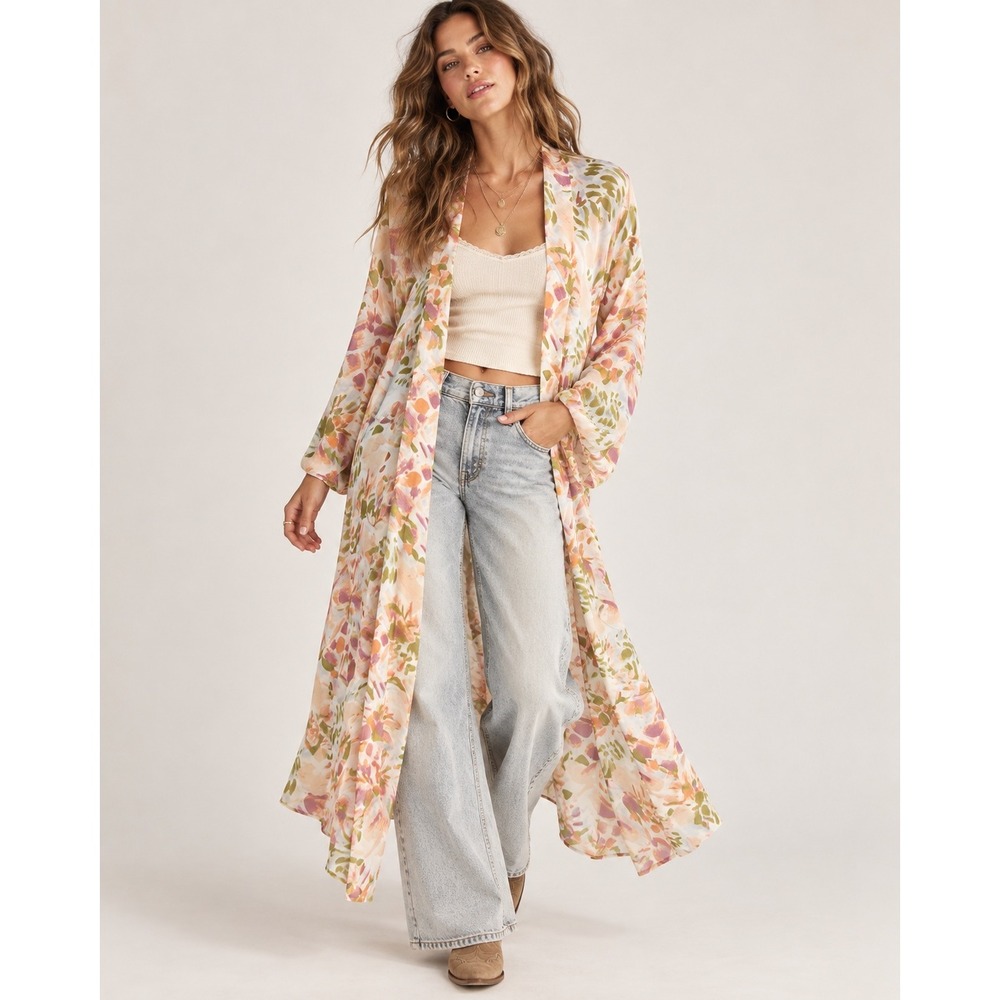 Entro Floral Duster Kimono Oversized Open Front Long Cardigan M/L Boho Festival